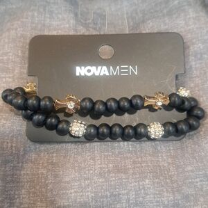 Nova Men: Black Beaded Bracelet Set-Crosses: Gold/Black